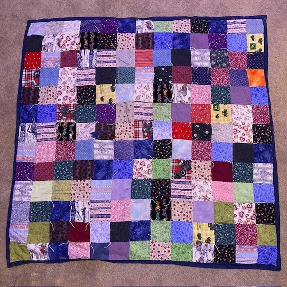 Vintage Handmade Patchwork Postage Stamp Quilt 48x48 Blue Colorful Unisex